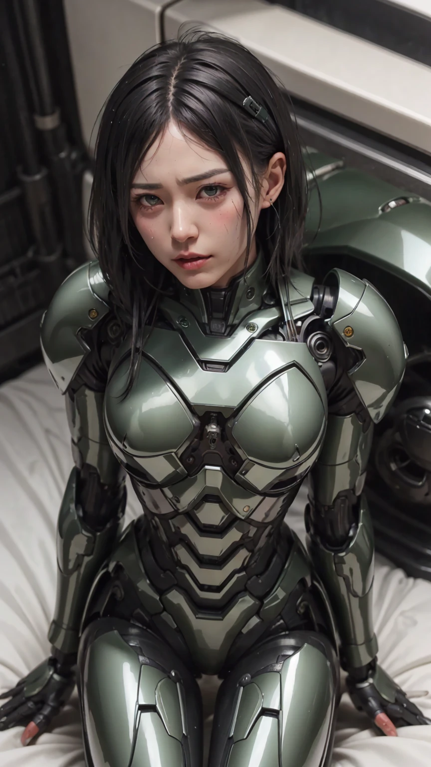 最 High Quality 非常に Details,  Details,  High Quality , 最 High Quality ,  high definition , 1080P,  hard disk ,  beautiful,(War Machine),( perfect headgear ),See the whole picture, beautifulサイボーグ女性, dark green mecha cyborg girl lying on a mechanical bed ,BATTLE MODE,Mecha Body Girl　 8k Dark Green Body Armor 　(( Japanese Middle Age Female ))　Sweaty face　Sweaty hair　 brown eyes　Droopy eyes　 short hair　　 boyish　 steam coming out of her head 　 my hair is wet from sweat　 black hair,   steam coming out of the mouth  　 Full Body Portrait 