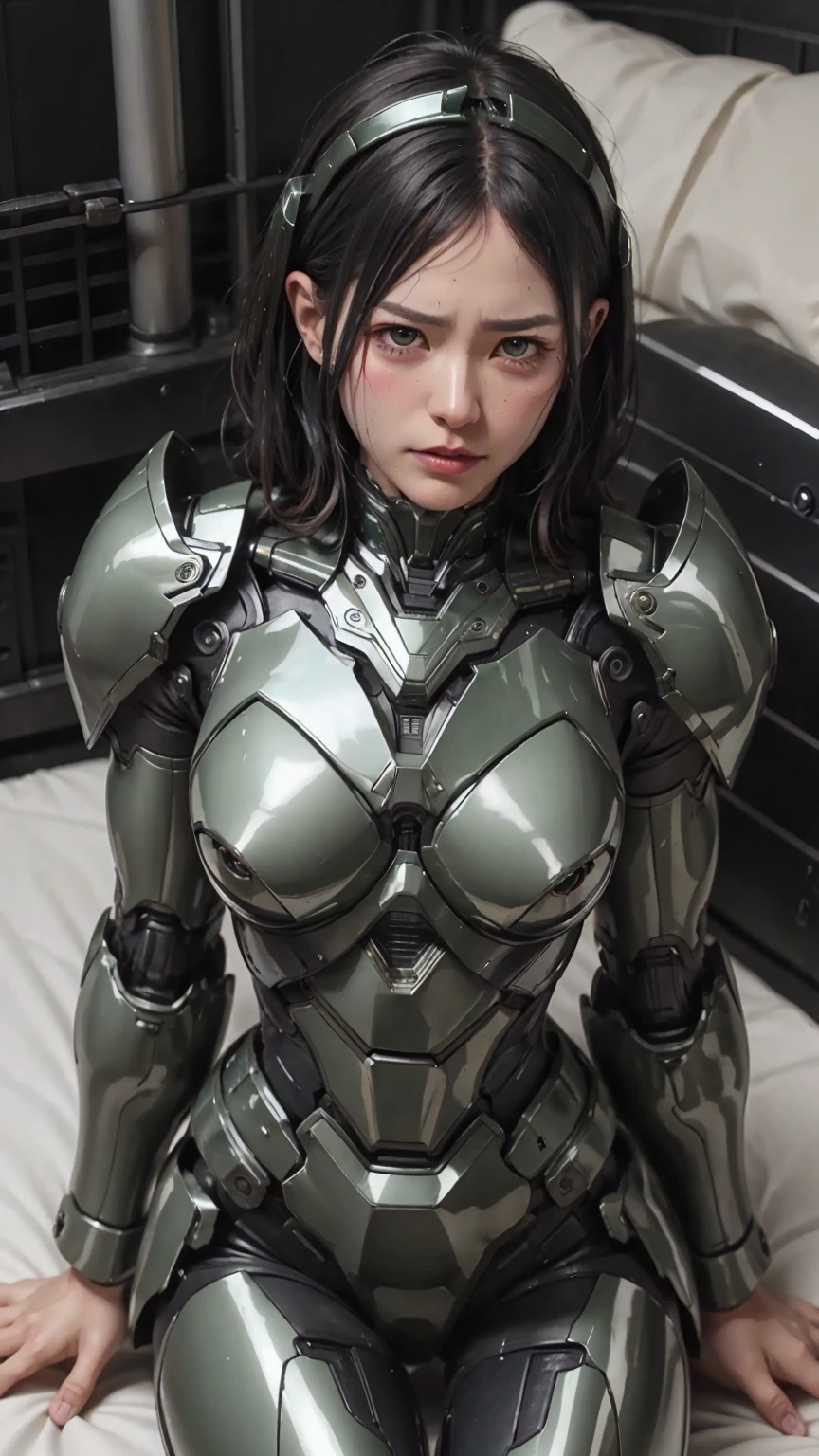 最 High Quality 非常に Details,  Details,  High Quality , 最 High Quality ,  high definition , 1080P,  hard disk ,  beautiful,(War Machine),( perfect headgear ),See the whole picture, beautifulサイボーグ女性, dark green mecha cyborg girl lying on a mechanical bed ,BATTLE MODE,Mecha Body Girl　 8k Dark Green Body Armor 　(( Japanese Middle Age Female ))　Sweaty face　Sweaty hair　 brown eyes　Droopy eyes　 short hair　　 boyish　 steam coming out of her head 　 my hair is wet from sweat　 black hair,   steam coming out of the mouth  　 Full Body Portrait 