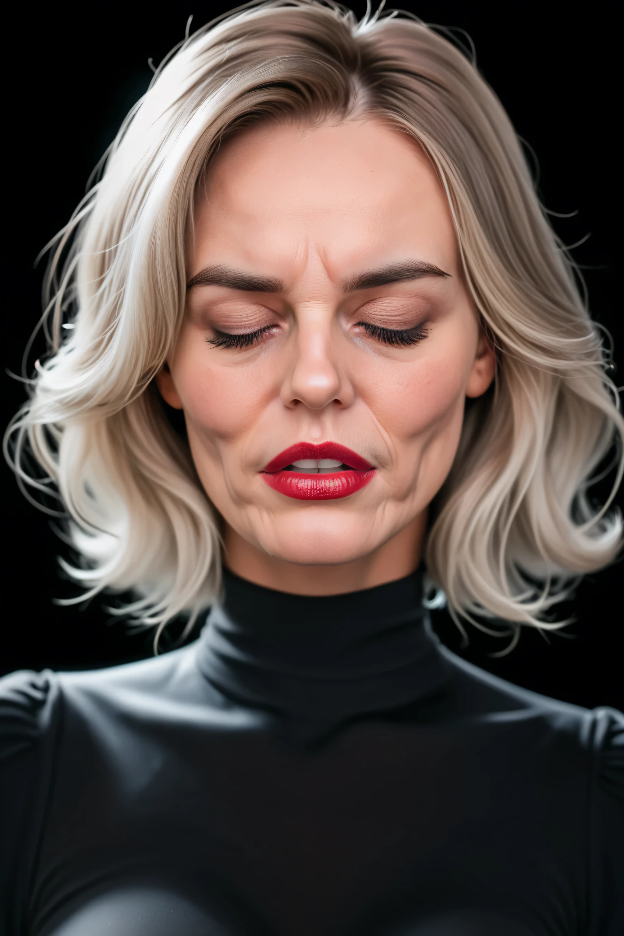 Prompt: score_9, score_8_up, score_7_up, solo, gray haired woman, carrie underwood,  black background, (middle aged some wrinkles_neck_face), blackshirtwithlongsleeves_lowneckline_cleveage, , shoulder length hair_(grayish brown hair)orgasm moaning, face close up red fingernails, small breasts, 