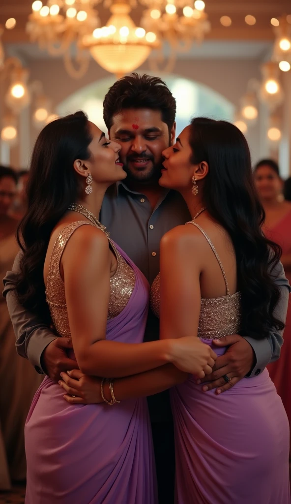A 60 year old groom kissing a 20 year old South Indian bride in wedding light green saree , a group of girls cheering next to them