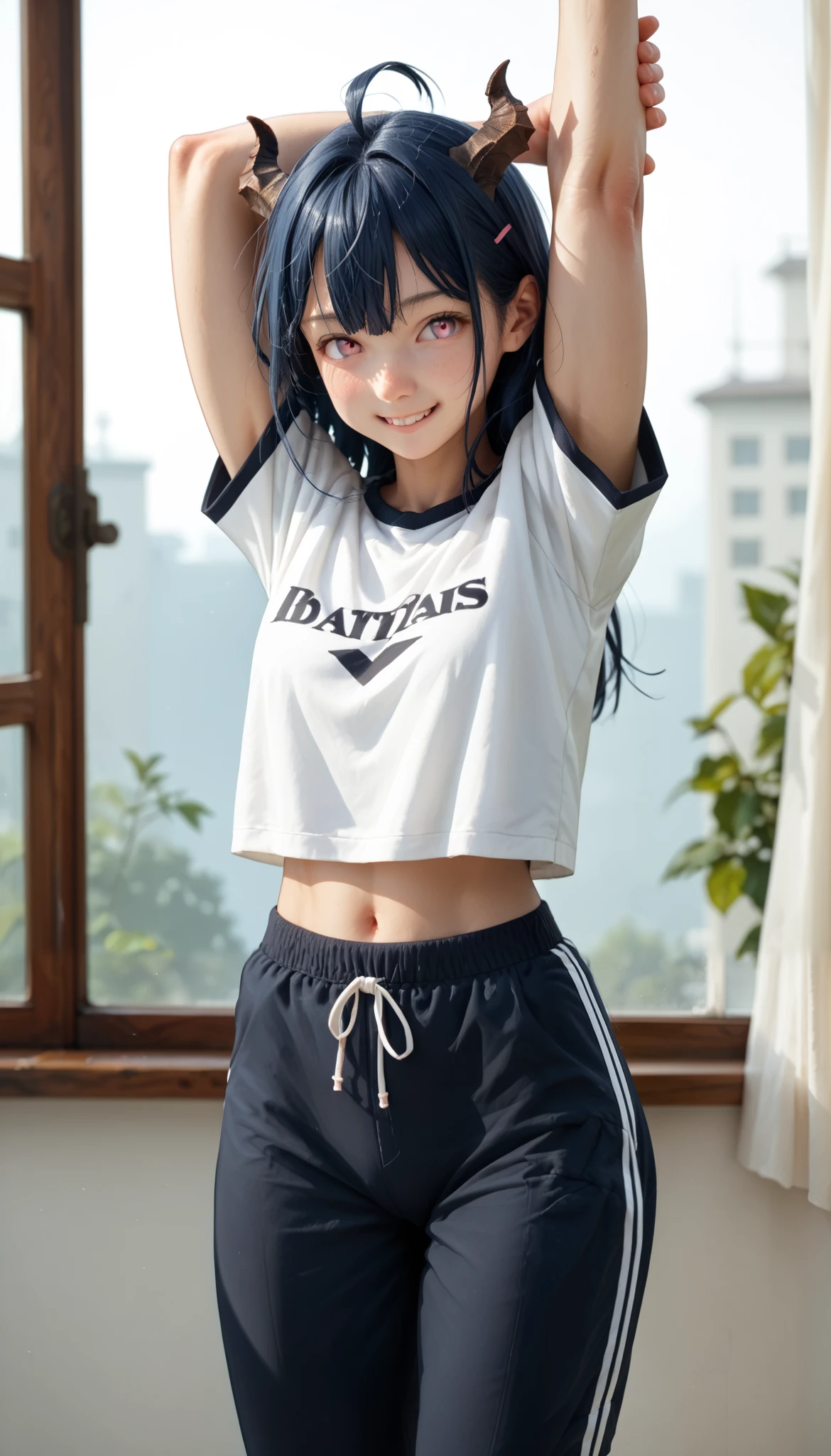 (zPDXL2), (PonyXLV6_Scores), source_anime, Expressiveh, full body shot, BREAK
lhata4564, d3t41l3d, 
Inccubus, dark blue hair, very long hair, long est hair in the world, small tiny horns, pink eyes, smiling, standing, stretching, near window, sportwear, natural