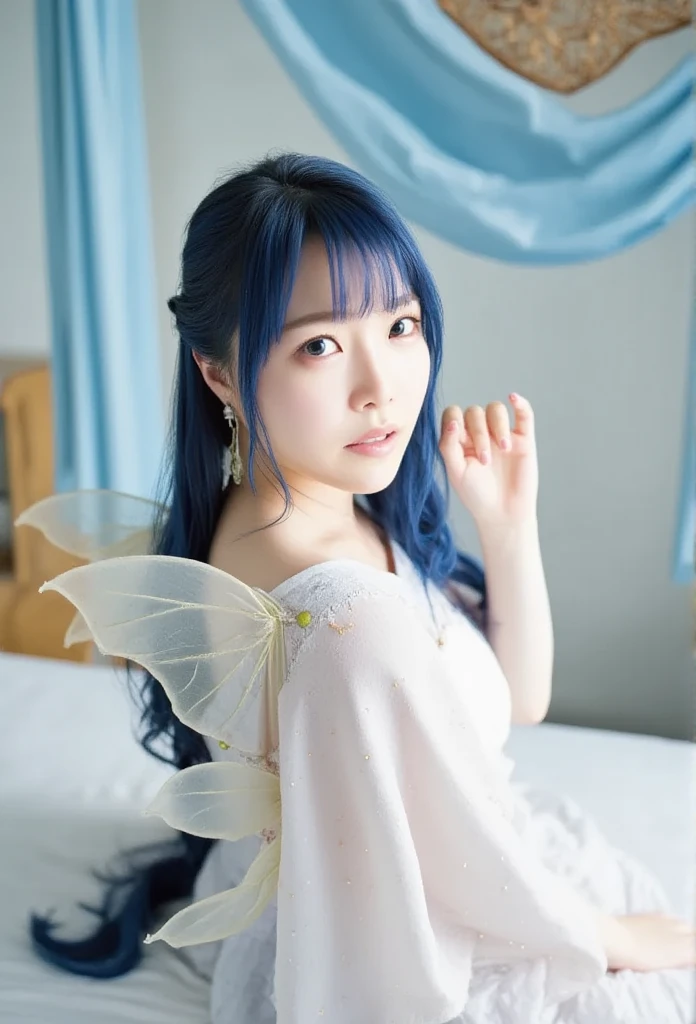 There is a woman with  fairy  wings sitting on the bed,  fairy  tale aesthetics, beautiful adult  fairy , beautiful  fairy , portrait of a  fairy , beautiful  fairy ,  blue hair,  fairy  core, ethereal  fairy  tale, beautiful  fairy , portrait of a  fairy ,  fairy ,  aetherial wings ,  fairy , beautiful adult book  fairy , Fantastic Dream, smiling like  fairy  queen,  fairy  queen, ((masterpiece)), 16k,  super high resolution ,  random pose to take a picture of the front