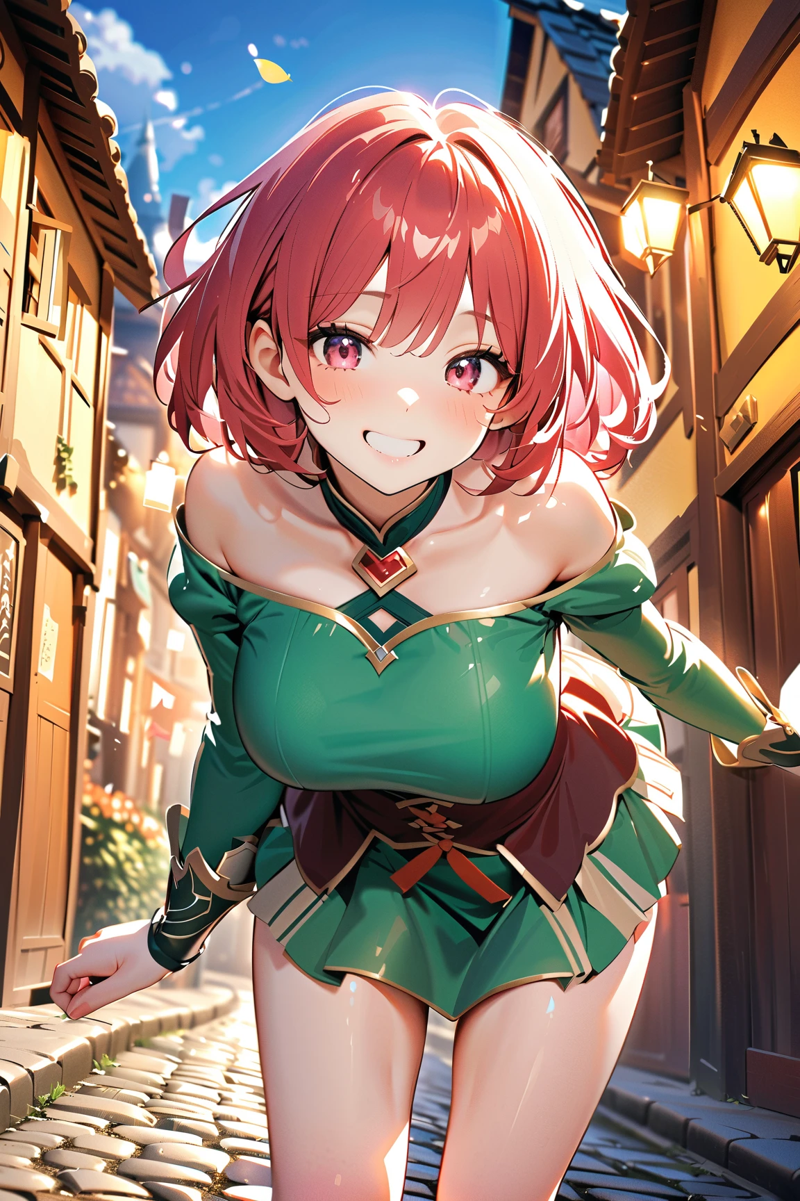 1 girl, (cute face), 18 years old, medium hair, (clumsy smile), (eyes wide open), large breasts, slim, (wearing a fun fantasy outfit with playful elements), knee length, (porcelain skin), 
BREAK 
Charming village, cobblestone streets, quaint houses, (stumbling forward:1.2), (about to fall:1.2), outdoors 
BREAK 
(bright, cheerful lighting, lively atmosphere, soft highlights), lighthearted scene, dynamic composition, character focus, 
BREAK 
high fantasy, game cg, absurdres, highres, ultra detailed, beautiful, (masterpiece), (best quality:1.2),