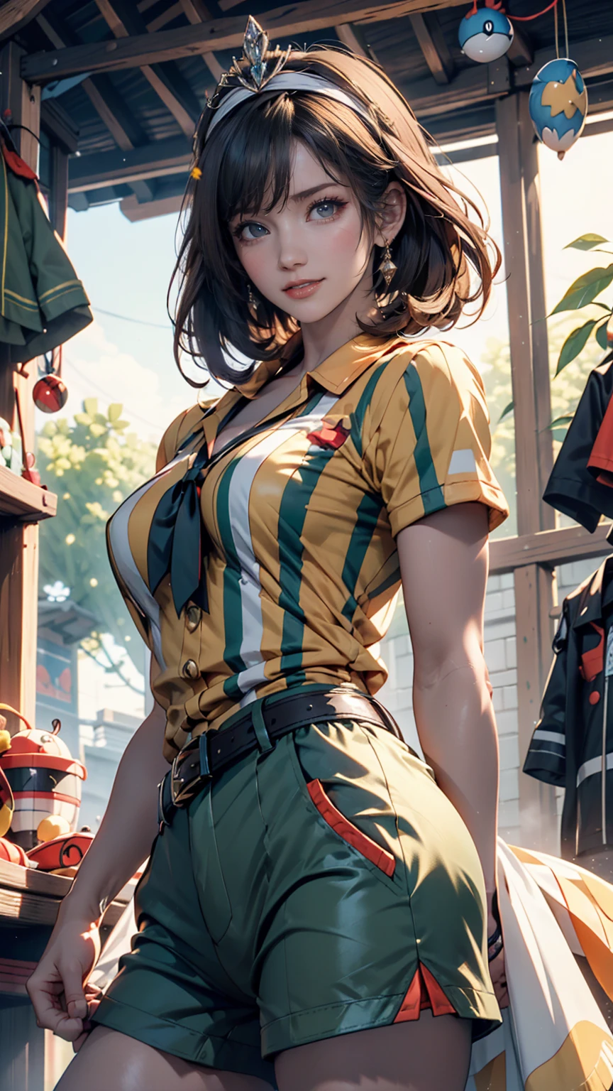 (((Only 1 woman))), ((low angle shot)), masterpiece, 8k, high quality, ultra detailed, anime style, CG Unity, beautiful anime woman, ((25 years old, Soccer player)), (((brown skin: 1.3))), wearing sexy (((yellow and green soccer outfit, deep blue shorts))), (((cleavage: 1.3))), (((brown hair))), amber eyes, ((perfect body)), (((breasts:1.2, waist:1.1, hips:1.1, toned legs:1.5))), looking directly to camera, sexy gaze, sexy smile, ((lucious lips)), (((sexy pose))), it is a (((natural light scene))) in a soccer field