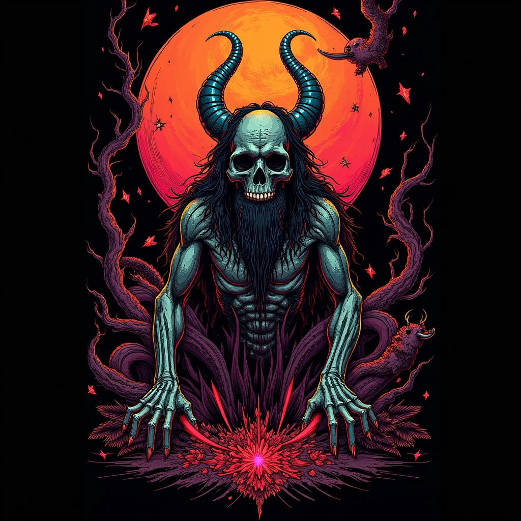 death metal album cover by dan seagrave and Dan Mumford, Unholy Succubus, vibrant colors, very defined, horrorcore, obscure art, black background, intricate details