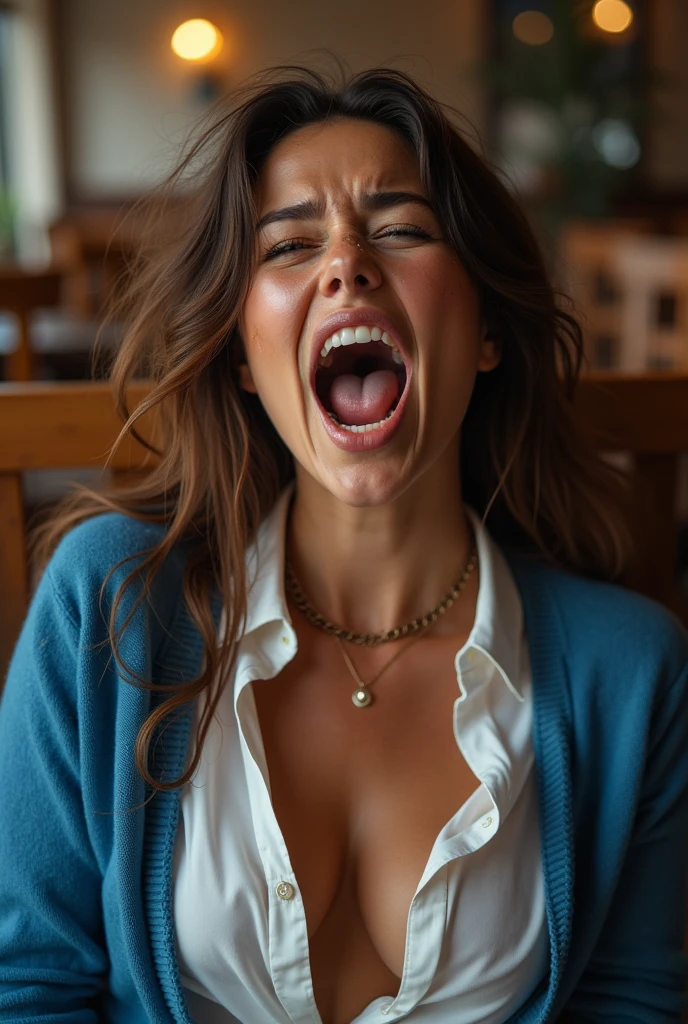 Woman with a face of pleasure, eyes closed and mouth open, about to scream, while in a classroom