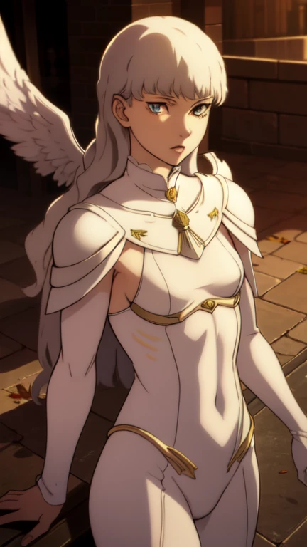 Griffit women's version , beautiful, perfecta,  her face is delicate like an angel ,  has her white armor , You can see her small breasts 