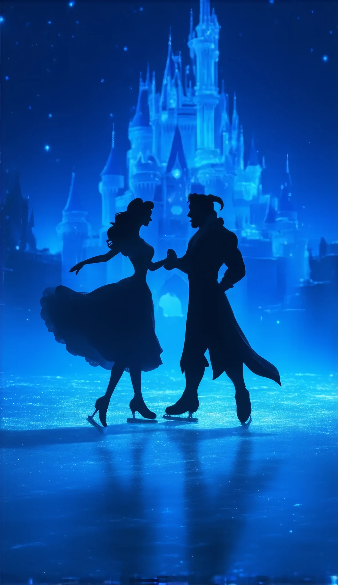 (8k, Highest quality, masterpiece)，Double Exposure, (silhouette:1.5), ice skating, disney movie beauty and the beast scene, (, A tranquil frozen lake, the beauty lady and the beast are ice dancing,, ), The wind blows the dress and the skirt spreads out., Moonlit Night, Cinderella Castle, Outdoor, Shooting stars, twinkling starry sky, sparkling ice crystals, many snowflakes