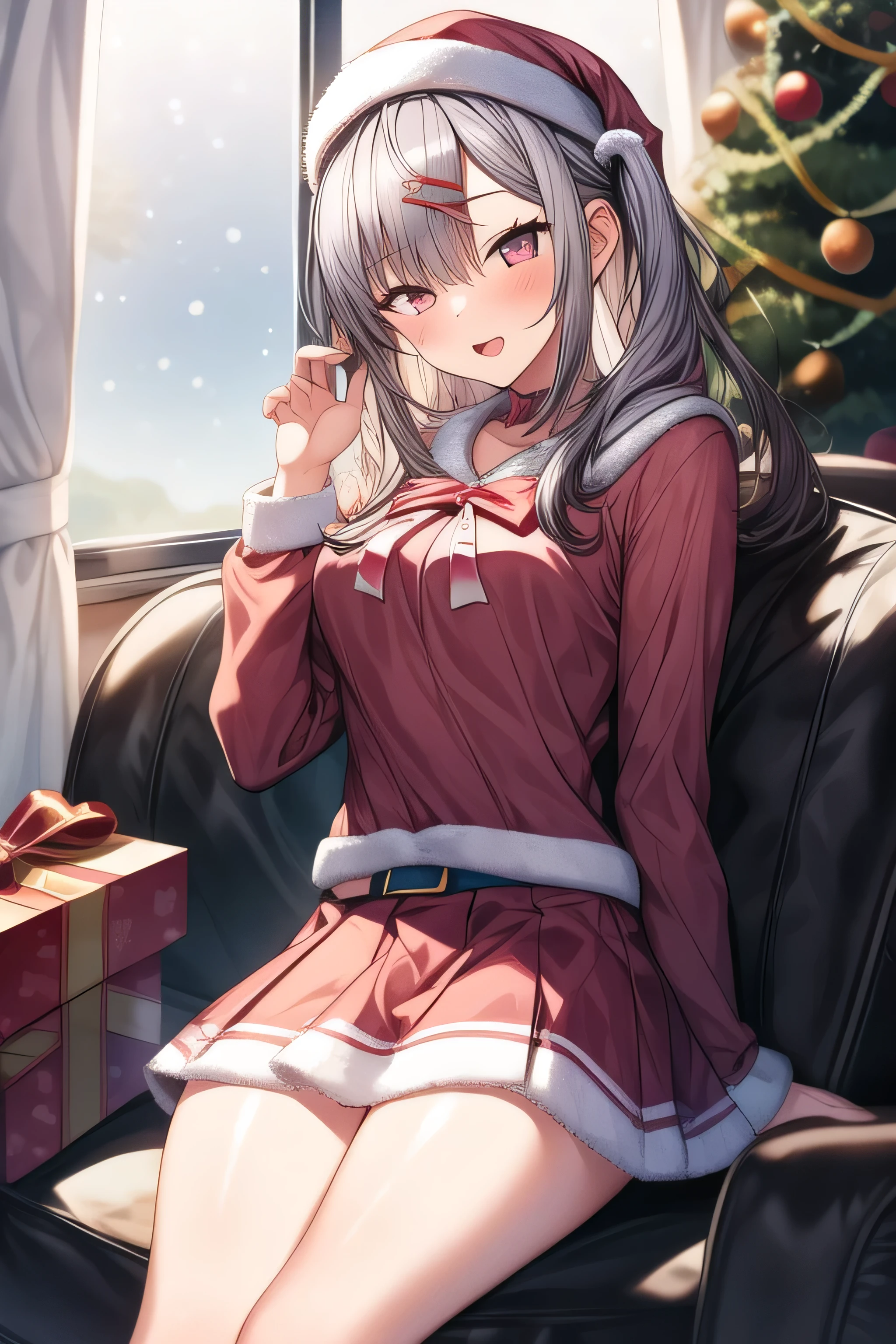 masterpiece, 1 girl, 18 years old, Alone , Santa,  cosplay, miniskirt, Fluffy, 