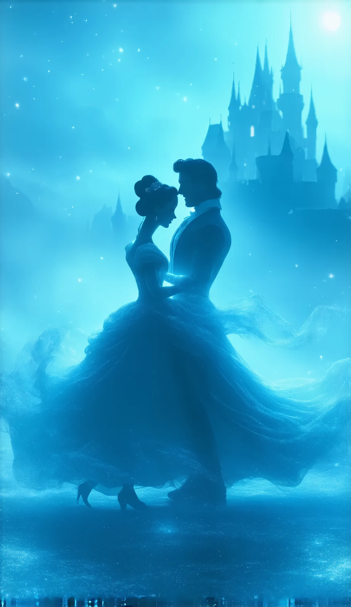 (8k, Highest quality, masterpiece)，Double Exposure, (silhouette:1.5), ice skating, disney movie beauty and the beast scene, (, A tranquil frozen lake, the beauty lady and the beast are ice dancing,, ), The wind blows the dress and the skirt spreads out., Moonlit Night, Cinderella Castle, Outdoor, Shooting stars, twinkling starry sky, sparkling ice crystals, many snowflakes