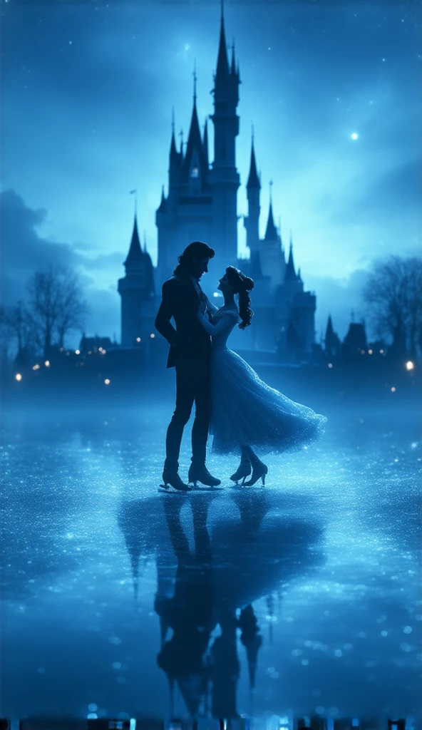 (8k, Highest quality, masterpiece)，Double Exposure, (silhouette:1.5), ice skating, disney movie beauty and the beast scene, (, A tranquil frozen lake, the beauty lady and the beast are ice dancing,, ), The wind blows the dress and the skirt spreads out., Moonlit Night, Cinderella Castle, Outdoor, Shooting stars, twinkling starry sky, sparkling ice crystals, many snowflakes