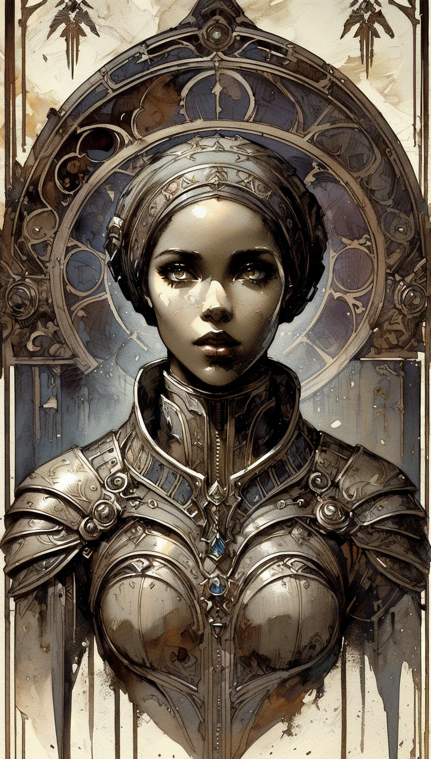 a painting of an African woman in armor with a large headdress, steel inquisitor from mistborn, artgerm craig mullins, goddess. extremely high detail, charlie bowater character art, stunning character art, african female android, detailed matte fantasy portrait, afrofuturism style, by Slawomir Maniak, epic exquisite character art, portrait knight female, girl in knight armor