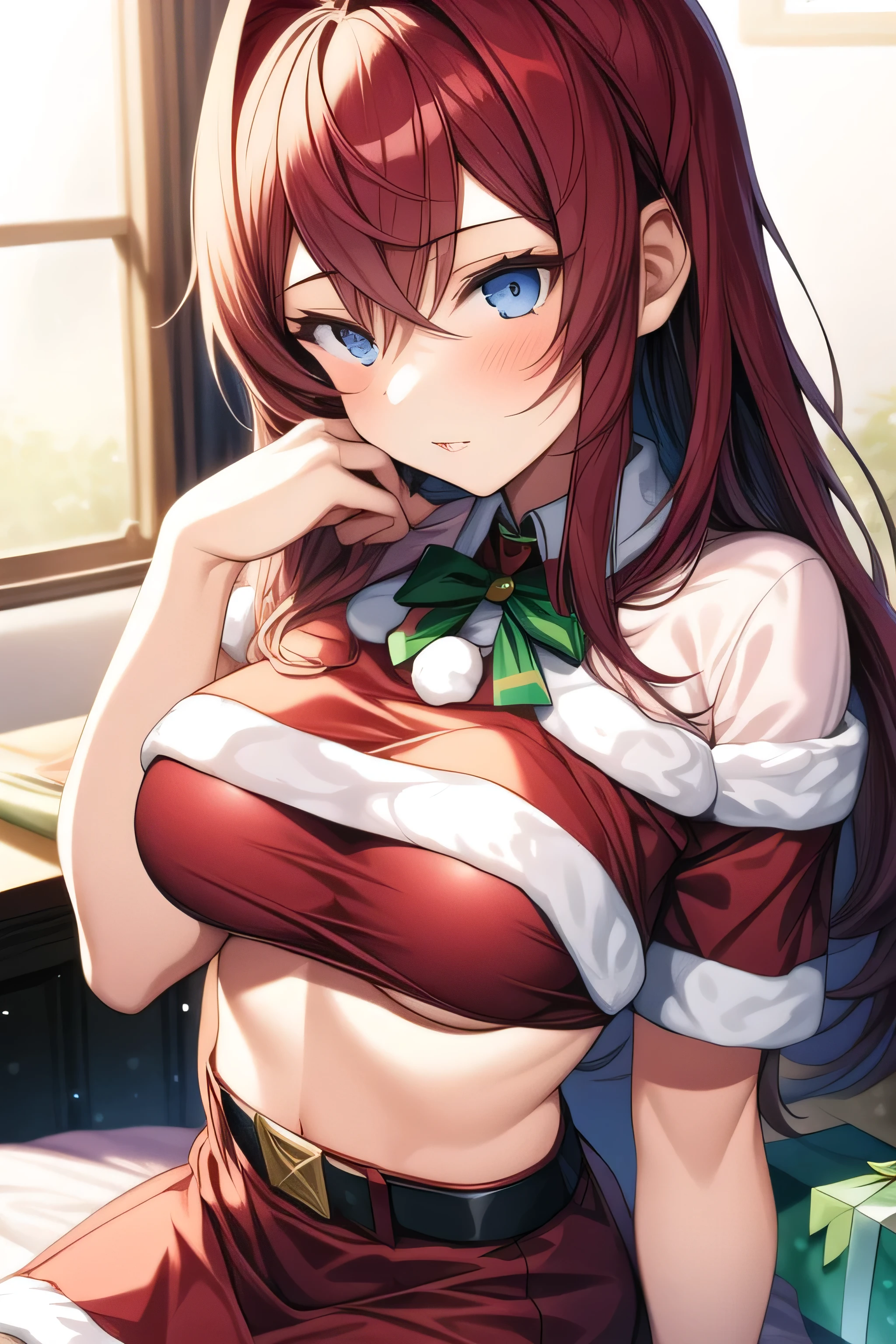 masterpiece, 1 girl, 18 years old, Alone , Santa,  cosplay, miniskirt, Fluffy, Short sleeve,  chest visible , Underboob