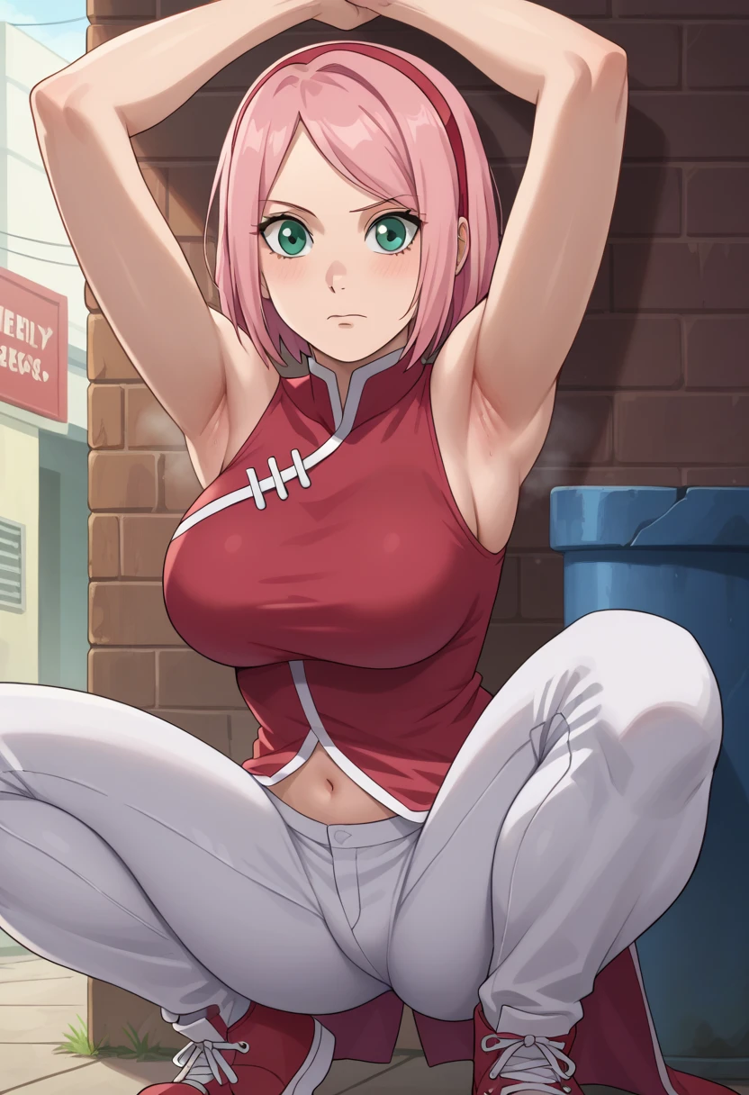 score_9, score_8_アップ, score_7_アップ, ソース_أنيمي, أنيمي screencap,,nsfw,haruno sakura,sakura,green eyes ,pink hair, short hair,, red sleeveless dress, navel, large breasts, white pants,In a dimly lit alley ,Armpit,Armpit wrinkles,Armpit smell,Armpit juice,Arms up,Stretch,pubic hair,under hair,squat down, 