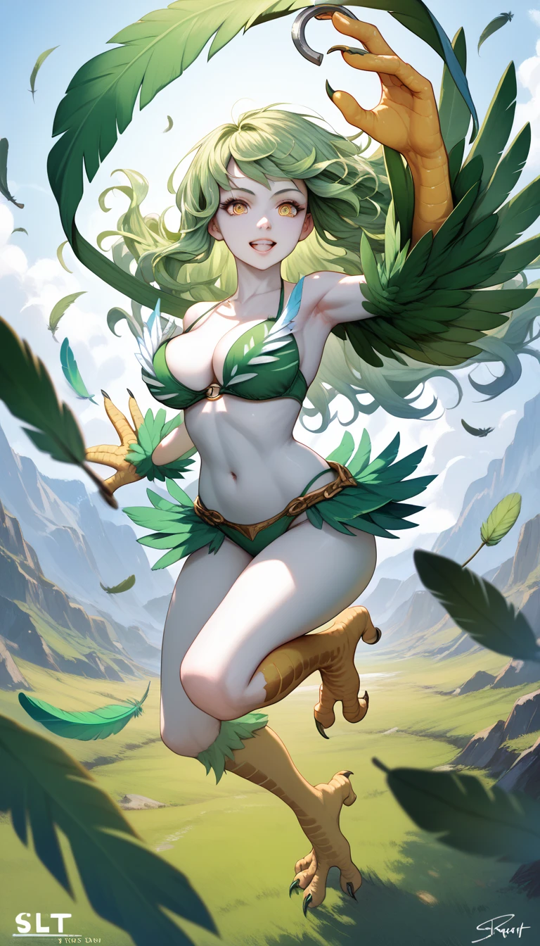 8K,A monster woman with bird wings on both arms.,harpy,Troubling white-skinned wingman,Has sharp bird claws on both feet,green short bob hair,fantasy art,character art,ultra high resolution,super realistic skin,Precise bird wing details,digital art,beautiful expression,Sexy cleavage,Large fangs can be seen from the wide open mouth,Emphasizes small cleavage,See here,Seduce,sexy pose,smile