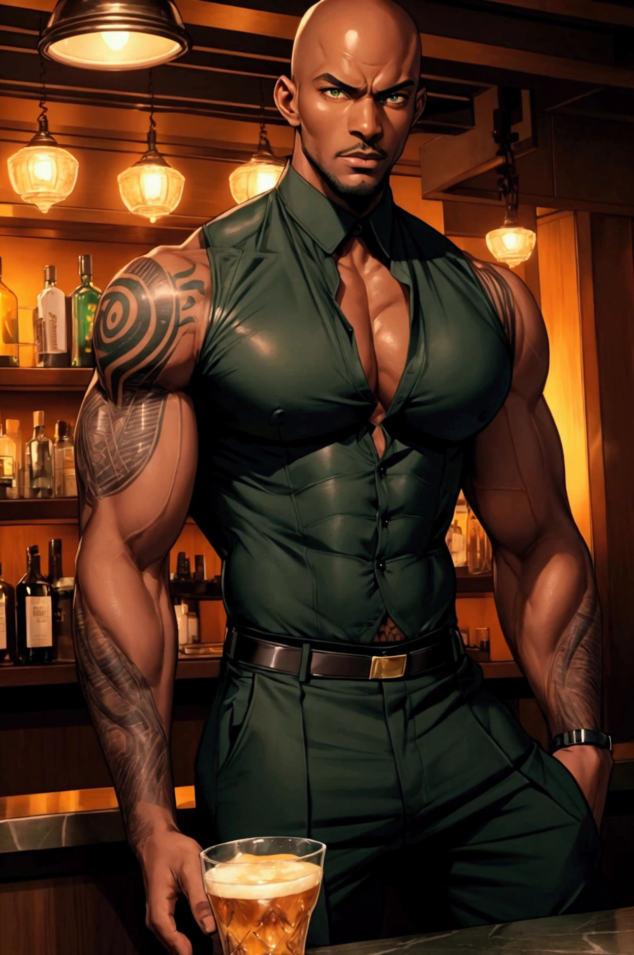 A tall black man, dark skin attractive green eyes bald head, lean, ripped muscles, tattoos dapper clothing with superpowers walking through a bar, hit women staring at him walk by. Lounge atmosphere, dim lights, sensual setting 