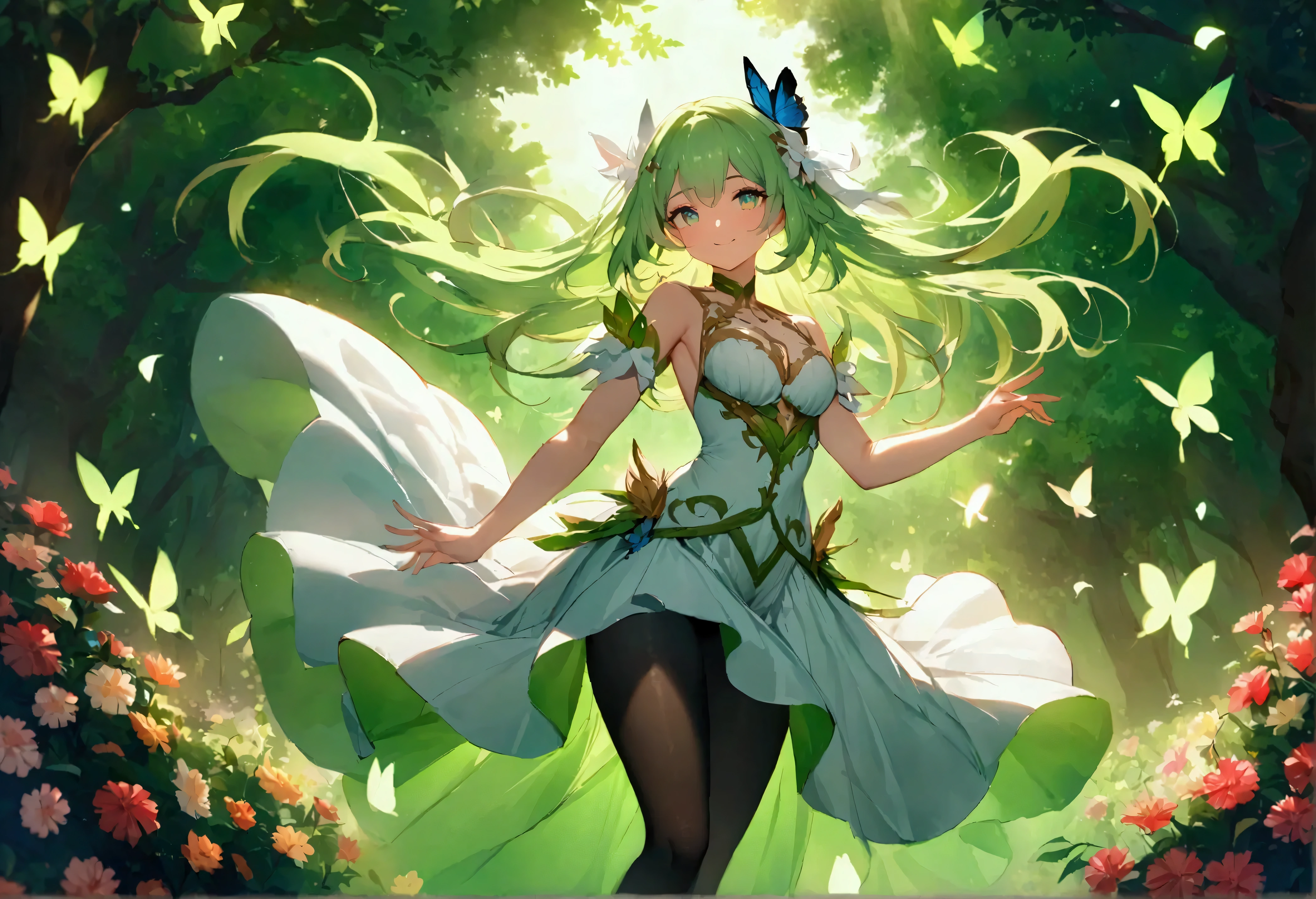 ，masterpiece, best quality，8K, ultra high resolution，Real light and shadow，movie shot，(beautiful eyes:1.1)， ((medium shot the scene is，upper part of body))，dynamic poses，on a green meadow，The gentle goddess comes with gentle steps。She is wearing a white dress，A gentle breeze blew by，The skirt dances gently。The sun shines through the leaves into her hair，Reflecting her clear eyes and gentle smile。Colorful butterflies dance around her，Flowers bloom at her fee as if nature is cheering for her。Skin color pantyhose，full-body shot