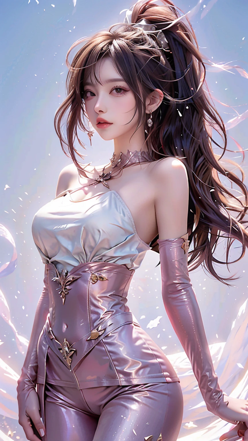 4K Ultra HD, Masterpiece, Very high quality, A girl, Age 22 years girl, Good face, Smooth face, Detailed eyes, Beautiful hair, Very long hair, Hair Band, Cute look, （C cup），Silver party outfit, shiny dress, night club, Party lighting, in club, be on stage, Full body capture,