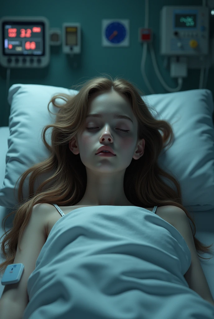 Aurora Maricá. Uma garotinha ruiva, 8 anos de idade. olhos cor de mel. usando um vestido branco. curto. Vestido sujo e manchado de sangue, assim como seu rosto. She is lying with her eyes closed, with a heavy expression on his face, na cama em um quarto de hospital abandonado. No quarto, broken medical equipment next to the bed. Medium plane camera