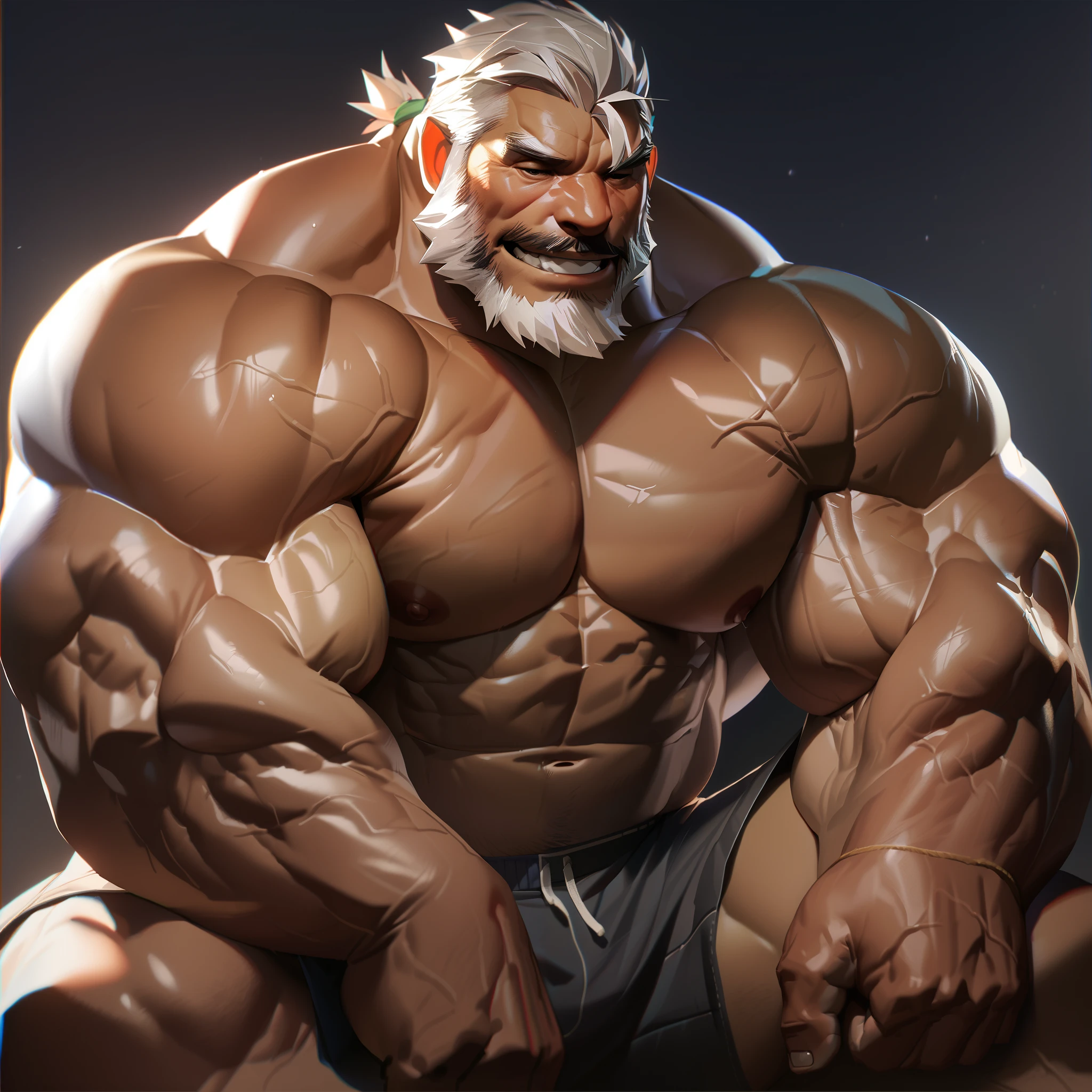 huge muscular old man , black background , wearing shorts, happy, white hair, white beards,  masterpiece, semirealistic:1.2, high detailed, 8k, high resolution, perfect center, full view. sixpack