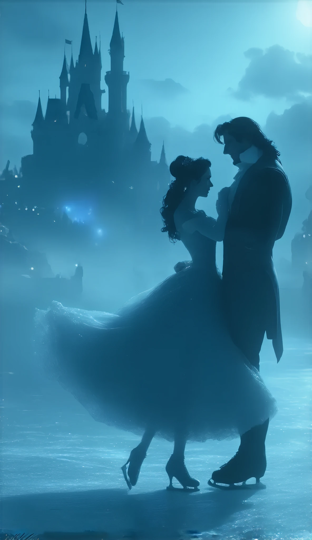 (8k, Highest quality, masterpiece)，Double Exposure, (silhouette:1.5), ice skating, disney movie beauty and the beast scene, (, A tranquil frozen lake, the beauty lady and the beast are ice dancing,, ), The wind blows the dress and the skirt spreads out., Moonlit Night, Cinderella Castle, Outdoor, Shooting stars, twinkling starry sky, sparkling ice crystals, many snowflakes