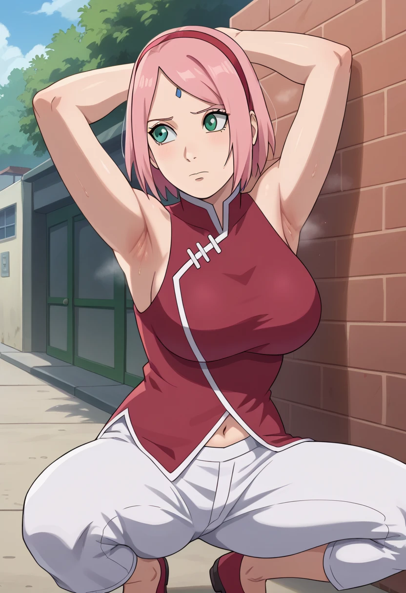 score_9, score_8_アップ, score_7_アップ, ソース_أنيمي, أنيمي screencap,,nsfw,haruno sakura,sakura,green eyes ,pink hair, short hair,, red sleeveless dress, navel, large breasts, white pants,In a dimly lit alley ,Armpit,Armpit wrinkles,Armpit smell,Armpit juice,Arms up,Stretch,pubic hair,under hair,squat down, 