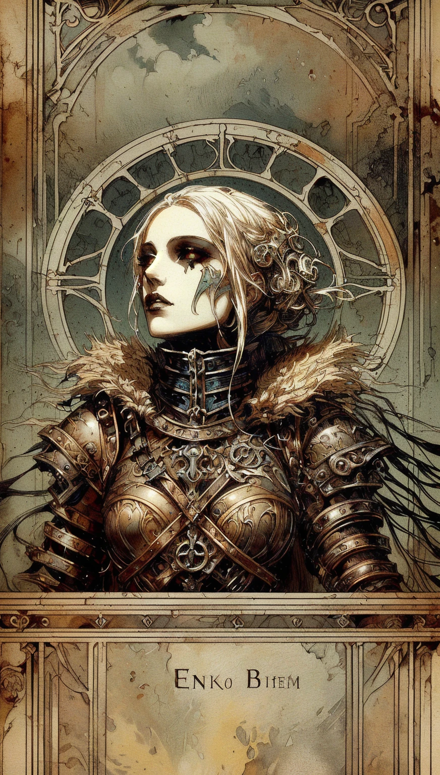 a close up of a woman in armor with a symbol in the background, gothic fantasy art, neogothic art, gothic art, dark fantasy character design, dark fantasy style art, in style of dark fantasy art, high quality steampunk art, gothic art style, dark fantasy art, portrait of a female necromancer, stefan gesell, james gurney brom