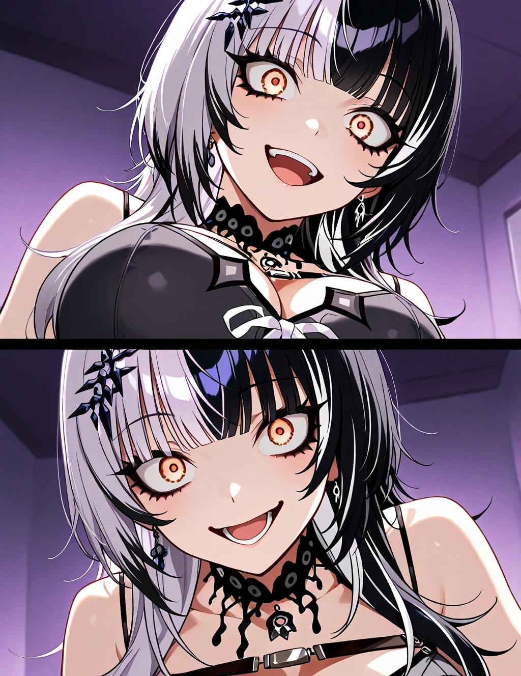 shiori novella, black hair, blunt bangs, large breasts, long hair, multicolored hair, sidelocks, split-color hair, two-tone hair, straight hair, streaked hair, yellow eyes, grey hair, evil smile,crazy eyes,open mouth,