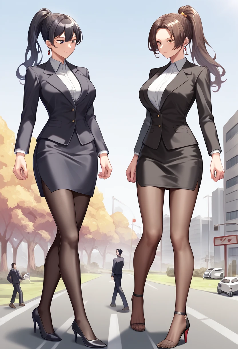 ( top quality)), ((masterpiece)), (be familiar with) Manga style illustration、 Women 30 Meters Tall Walking on Dwarfs on the Road、 Mature Slender Woman 、 black hair、One length up to the shoulder 、Office Style、 business suit、 black jacket 、White open shirt、 Black Knee Length Pencil Skirt 、I'm wearing transparent black pantyhose 、 Wearing Black High Heel Pumps 、 looking at the men under their feet 、 Walking While Stepping on Escaping Dwarfs 、 dark brown stains on the road 、Lots of Little People Running Away 、 Huge Women Wearing High Heels 、