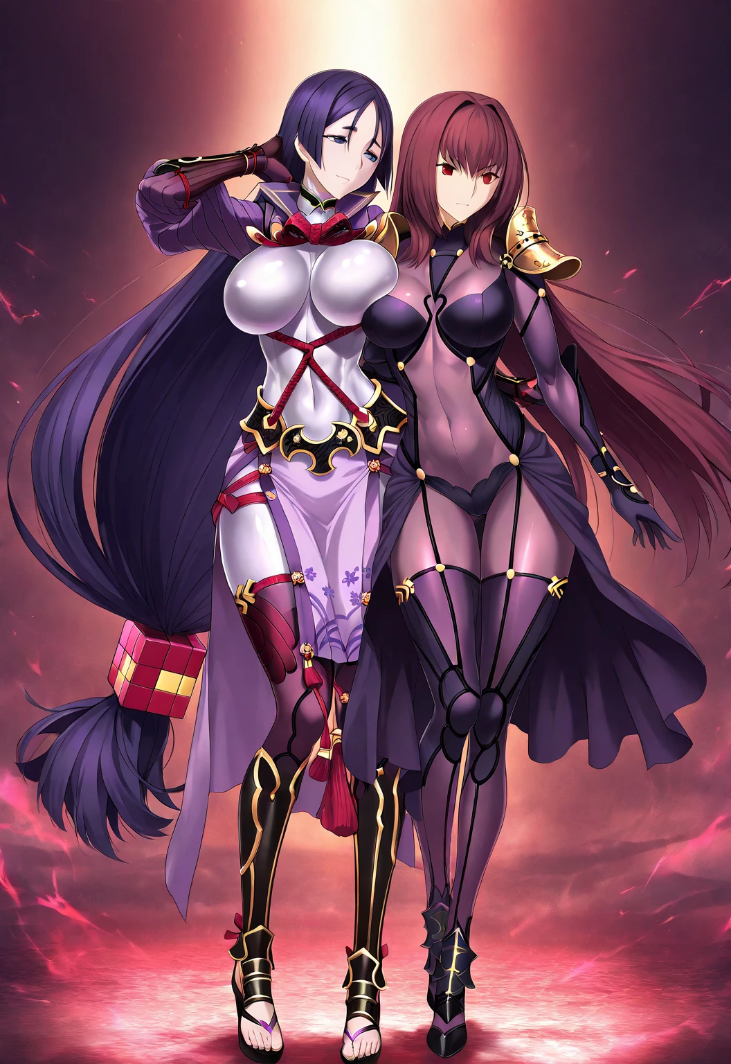 high resolution, masterpiece, necessary, detail, best quality, quality, necessary, tall details, High details, precise, full body
 
2girls, Agirl_and_Bgirl, ufotable style, ufotable anime,  

Agirl,Scathach, scathach Fate Grand Order, fate,  Fate Grand Order, long hair, red eyes, tight suit

Bgirl, minamoto no raikou (Fate), minamoto no raikou Fate Grand Order, Fate, Fate Grand Order, long Hair, purple hair, Blue Eyes, large breasts, tight suit