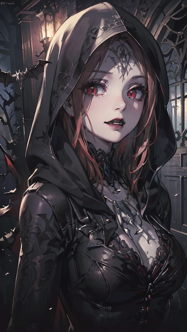 (((Best quality, 8k, Masterpiece: 1.3)), ((best quality)), ((masterpiece)), (detailed), perfect face, (detailed skin:1.3), (intricate details), Detailed eyes, Gothic horror, vampire, red eyes, fangs, dirty dress, Hooded, bats, abandoned houses, spider webs, midnight