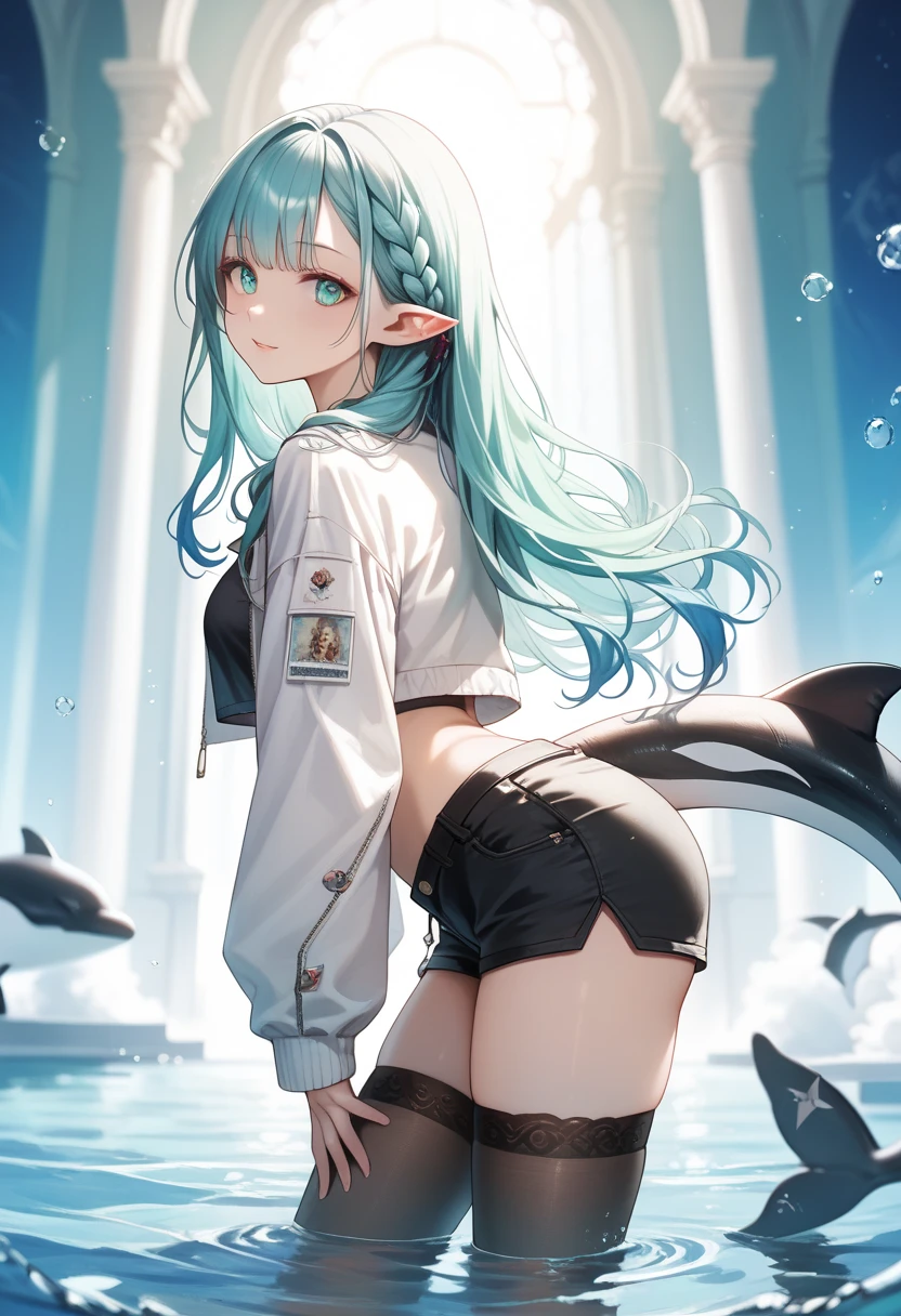 (EyesHD:1.2), masterpiece, best quality, ultra-detailed, very aesthetic, sharp focus, depth of field, vibrant colors, ray tracing, best lighting, detailed illustration, detailed background, cinematic, beautiful face, beautiful eyes, 1girl, water, reflective water, beautiful legs, orca girl, from side, leaning forward, long hair, black thighhighs, white jacket, black shorts, crop top, cropped jacket, gradient hair, multicolored hair, tail, pointy ears, lamiapgr, turquoise hair, long hair, braided hair