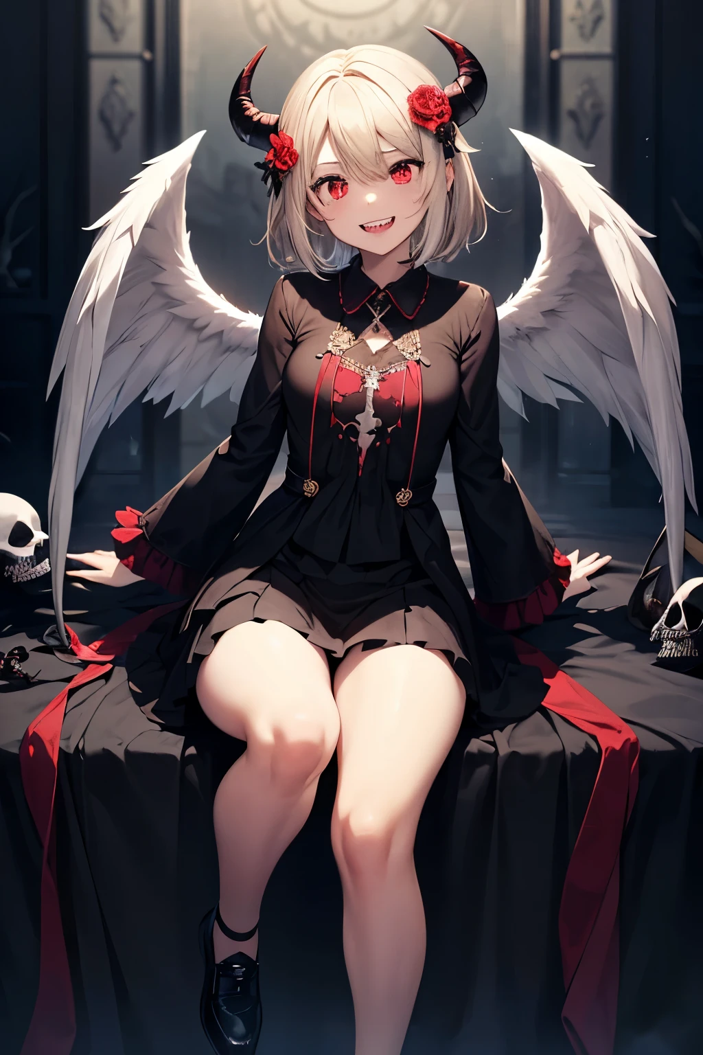 masterpiece, Highest quality, High resolution,(Highest quality,4K,High resolution,masterpiece:1.2),Very detailed,Realistic:1.37,masterpiece, Highest quality, Exquisitely crafted, woman, beautiful, elegant, smile, Blood, iridescent Long Hair, bangs, skirt, shirt, Long sleeve, Frills, shoes, (Red and Black:1.4), flower, spooky, Horror, 頭蓋Bones, Long Hair, Black Hair, Candles, Blood, hair flower, Dead, hair ornaments, Bone, doll, 頭蓋Bone, skeleton, Horror (theme),spooky altar background,Dark fantasy,Red color scheme,Ominous atmosphere,eyeを引く,Storytelling,anatomy,Anime Style,Concept Art,beautiful細部までこだわった顔と (((赤いeye ))),A terrifying ritual ,Satanic Ritual,Premature death,Misconduct,クレイジーなsmile,Scythe Face,Girl Monster, beautiful, Delicate facial features, 鋭いeye, Sharp Fangs, 青White skin, blonde,robot,Cursed Painting, Dark Background, Cinema Lighting, Dramatic Shadows, Gothic style, Gloomy atmosphere, Dark fantasy, One Girl, , Please open your mouth wide, Open your mouth and baring your teeth,Sharp teeth like a beast, Wide lips, very wide mouth, Vermilion cheeks, ,(Bloodしぶき:1.4),Scary smile, smile,Fallen angel design, ねじれたsmile、Bloodまみれの、頭からの出Blood,、Bloodしぶき、,(Bloodしぶき:1.4),Crossbones, 頭蓋Bone,Horror 一人の男の子, Cream colored hair, Gray Hair, Pearly hair, nice boy, Bunny ears, Loose-fitting clothing, Larger clothes, dark red eye, eyeの下のたるみ, dark circles under eye, やみcute, Fluffy hair, Voluminous Hair, skinny, slim, very skinny, Androgynous, cute, spooky, short hair, Horror, Faded colors, White skin, spooky, Unnaturally thin, I&#39;m hungry, eye, eye in background, sharp eye, Long eyelashes, Under the eyelashes, Loose shorts, レースshirt, Frillsshirt, Tie the ribbon&#39;head, Detailed clothing, A loose cardigan, Open cardigan, 滴るBlood, that&#39;terrible, nightmare, Haunted, stitch, patchwork, string, Injury, hell, Injury on arms, self-harm, cut, Black Fingers, factory, Abandoned, A dismembered ghost,Many heads,Many heads,Lots of faces,Multiple faces,Multiple Girls,Frolicking Girl,複数のwoman,tea ,クレイジーなsmile,look up,Face shot,Scythe Face,Girl Monster, slave,beautiful, Detailed portrait, Delicate facial features, 鋭いeye, Sharp Fangs, 青White skin, Thick chain, Dark Background, Cinema Lighting, Dramatic Shadows, Gothic style, Gloomy atmosphere, Dark fantasy, One Girl, , Please open your mouth wide, Open your mouth and baring your teeth,Sharp teeth like a beast, Wide lips, very wide mouth, Vermilion cheeks, ,(Bloodしぶき:1.6),Scary face, Laughter　Witch design, ねじれたsmile、Bloodまみれの、頭からの出Blood,,、Bloodしぶき、,(Bloodしぶき:1.6),Crossbones, 頭蓋Bone,　, Horrorスタイル, ((Fantasy Witch Costume)), ((Flowing white hair)), ,(Bloodしぶき:1.6),womanの曲線, Large Breasts, Thick thighs, Sexy flat stomach, Perfect hands, Perfect anime face, ((dark lolita dress)), Are standing, ((邪悪なsmile)), ,(Bloodしぶき:1.6),Victorian cities, gaslight, Steam circulates, Moonlight Illumination, night lighting, A sky filled with stars and galaxies,disaster々new devil horns,,(Bloodしぶき:1.6),アニメゾンビWitch design, ねじれたsmile、Bloodまみれの、頭からの出Blood,,、Bloodしぶき、,(Bloodしぶき:1.6),Crossbones, 頭蓋Bone,,Photo Background,Wide Shot,Scythe Face,Girl Monster, slave,beautiful, Detailed portrait, Delicate facial features, 鋭いeye, Sharp Fangs, 青White skin, Thick chain, Dark Background, Cinema Lighting, Dramatic Shadows, Gothic style, Gloomy atmosphere, Dark fantasy, One Girl, , Please open your mouth wide, Open your mouth and baring your teeth,Sharp teeth like a beast, Wide lips, very wide mouth, Vermilion cheeks, ,(Bloodしぶき:1.6),Scary face, Laughter　Witch design, ねじれたsmile、Bloodまみれの、頭からの出Blood,,、Bloodしぶき、,(Bloodしぶき:1.6),Crossbones, 頭蓋Bone,　, Horrorスタイル,