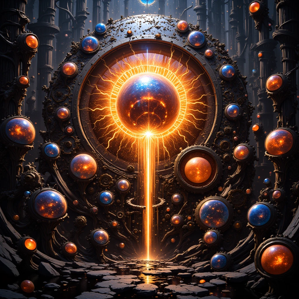 The composition transforms into a massive clockwork mechanism with gears made of translucent crystal and glowing copper veins. The spheres become glowing cores of energy, pulsating with light. The background is a labyrinth of spiral metal frames disappearing into infinity.