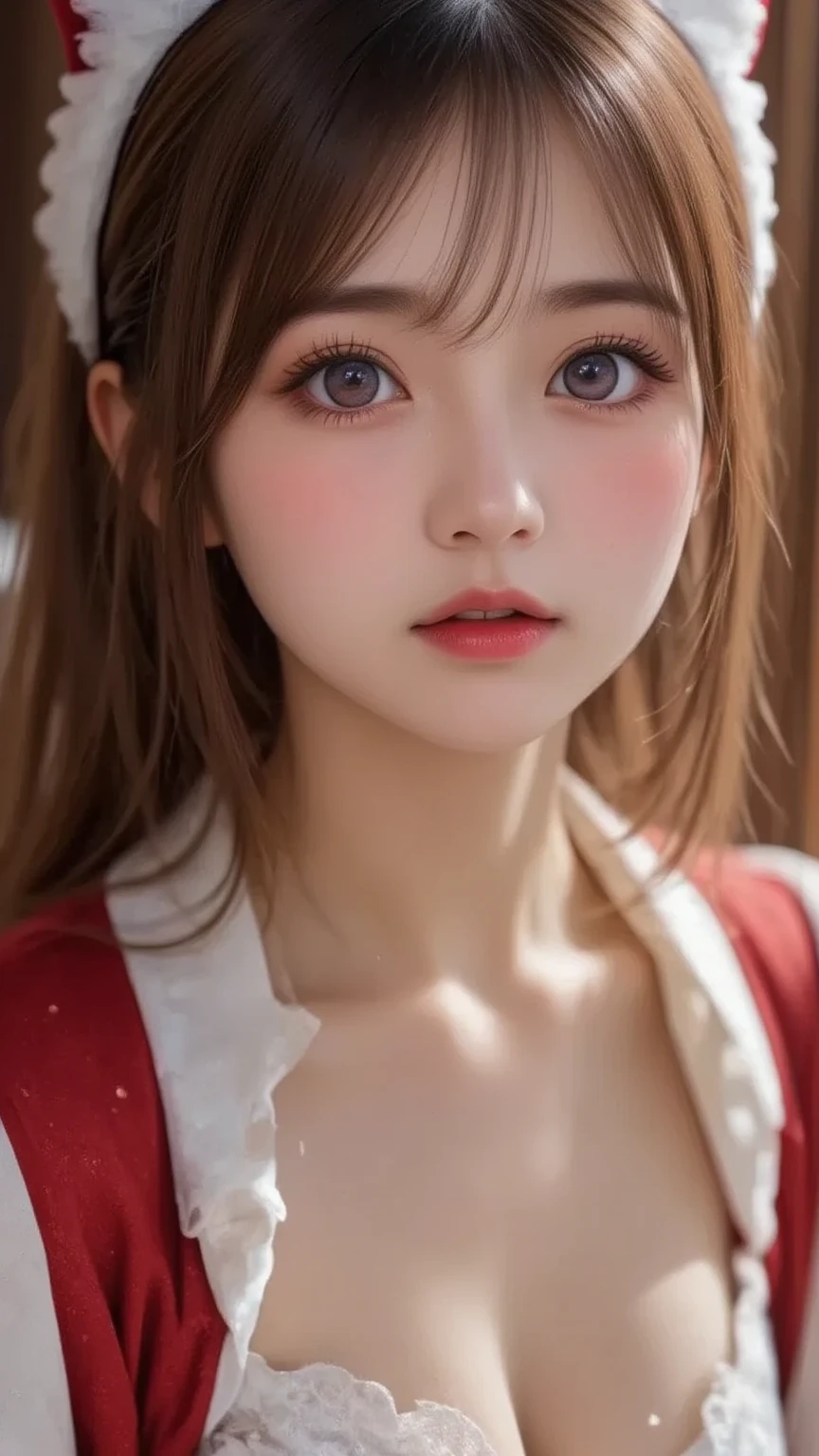 Cat ears、((  Santa Claus costume , miniskirt))、Charming、desire、20-year-old female、 Sharp Body Lines 、(( beautiful face、mouth、Eroticism))、(Big Breasts)Dramatic lighting、 real、8k、 cinematic composition、 Dark Moody ,  vibe、 Dramatic Shadows 、 intricate and elaborate pattern 、 is 、it is、 Light and Dark Lighting 、 Moody Color Palette 、 beautiful color、 deep contrast、Super real、 I have pink lipstick、 Snowy Christmas Tree Crossing Sleigh、 white christmas、 full body view、Drawing Composition 、 cinematic composition、 seductive thighs 、 Erotic Appealing 、、 Santa Claus、beautiful and realistic nipples、heavy snow、 long hair,  pale brown hair,  Big Breasts ,  glitter effect, 