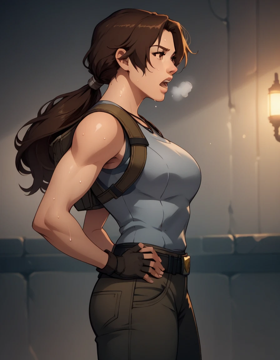 score_9, score_8_up, score_7_up,score_6_up, score_5_up, score_4_up ,
1girl, solo,
large breasts,
LaraDG,
long hair, ponytail, brown hair, brown eyes, 
fingerless gloves, boots, belt, pants, tank top, grey shirt, out of breath, sweaty, hands on hips, open mouth, sexy
looking forward, hot, side view
 