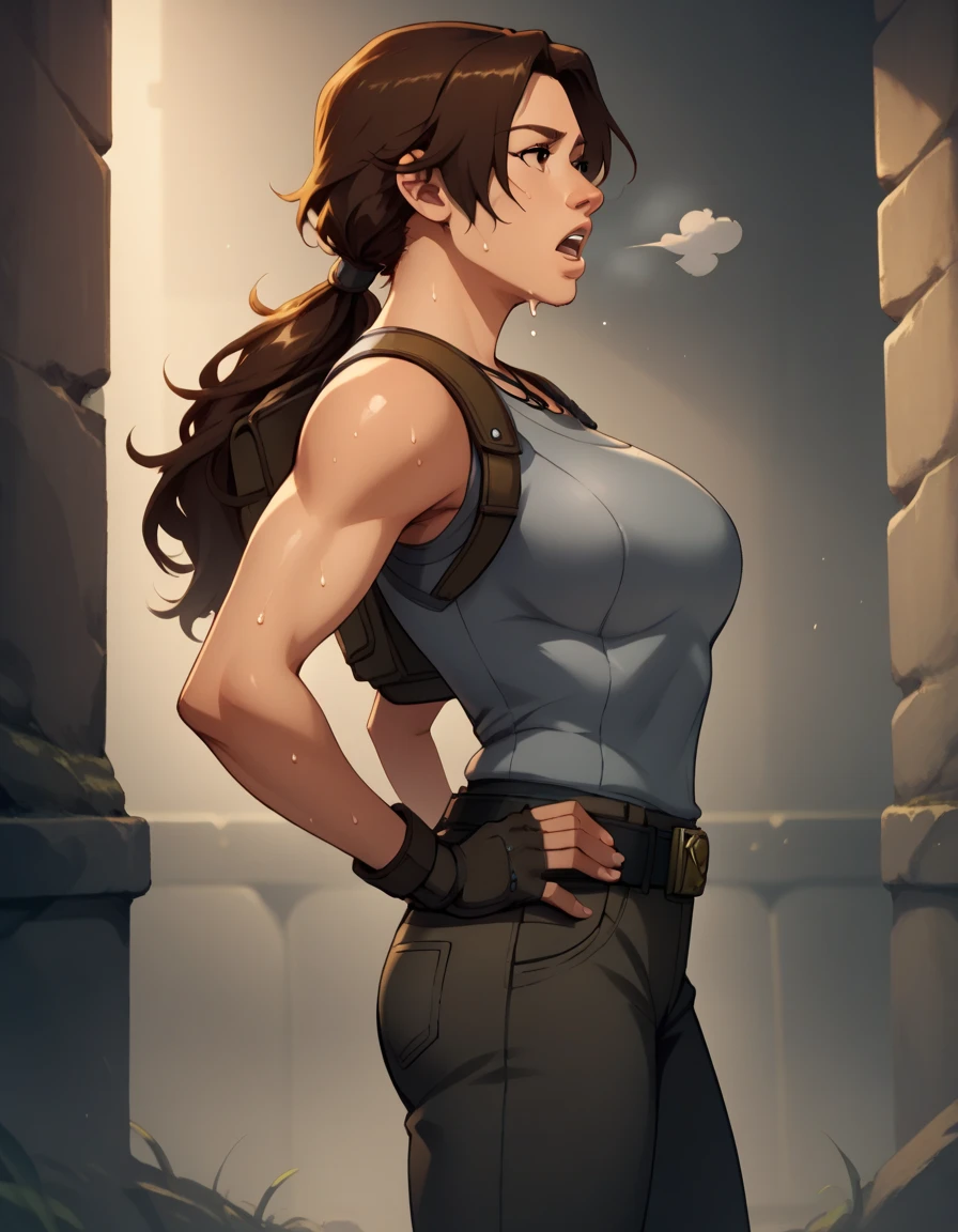 score_9, score_8_up, score_7_up,score_6_up, score_5_up, score_4_up ,
1girl, solo,
large breasts,
LaraDG,
long hair, ponytail, brown hair, brown eyes, 
fingerless gloves, boots, belt, pants, tank top, grey shirt, out of breath, sweaty, hands on hips, open mouth, sexy
looking forward, hot, side view
 