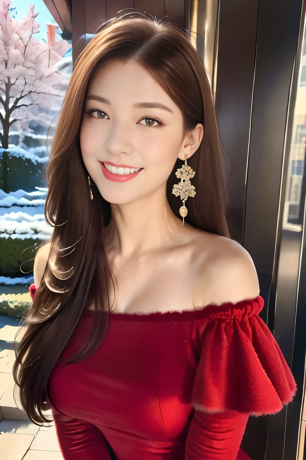 masterpiece、quality、 super detailed、Marilyn Tagg ，  full body portrait of a girl ，Face is clear，（Best quality at best），  beautiful girl：1.5、( red fluffy off shoulder dress style)，Long hair is swaying ， snowflake earrings、  snowflakes fall  、vague、Snow World