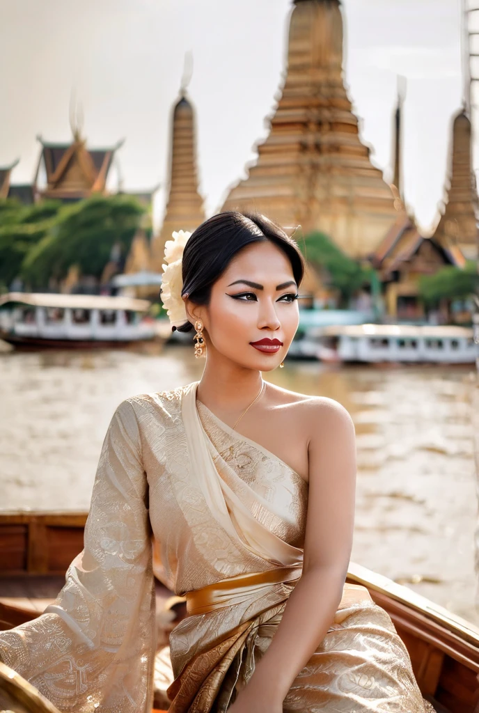 A beautiful Burmese woman is riding a boat on the Chao Phraya River in Bangkok, Thailand, with ancient Thai pagodas in the background.