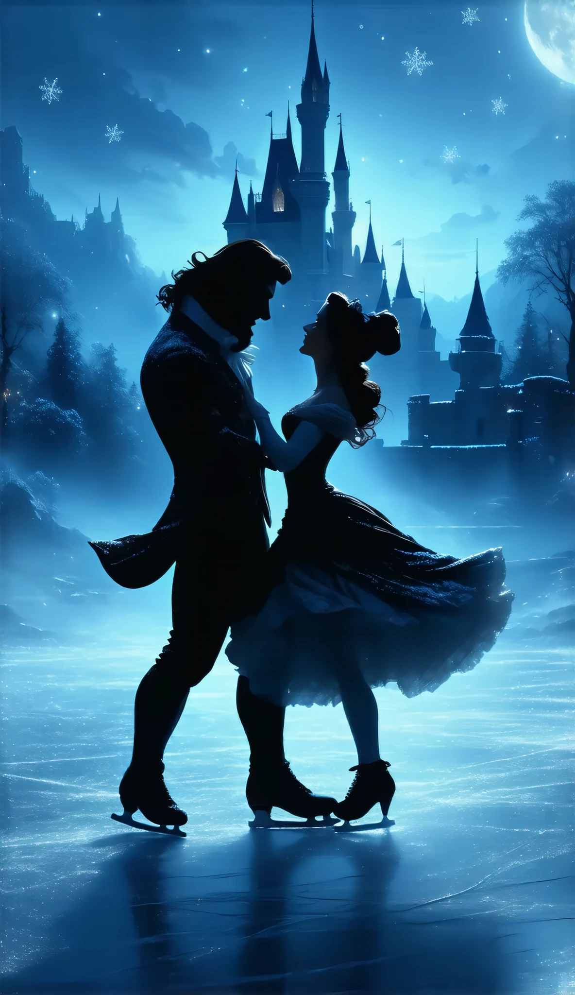 (8k, Highest quality, masterpiece)，Double Exposure, (silhouette:1.5), ice skating, disney movie beauty and the beast scene, (, A tranquil frozen lake, the beauty lady and the beast are ice dancing,, ), The wind blows the dress and the skirt spreads out., Moonlit Night, Cinderella Castle, Outdoor, Shooting stars, twinkling starry sky, sparkling ice crystals, many snowflakes