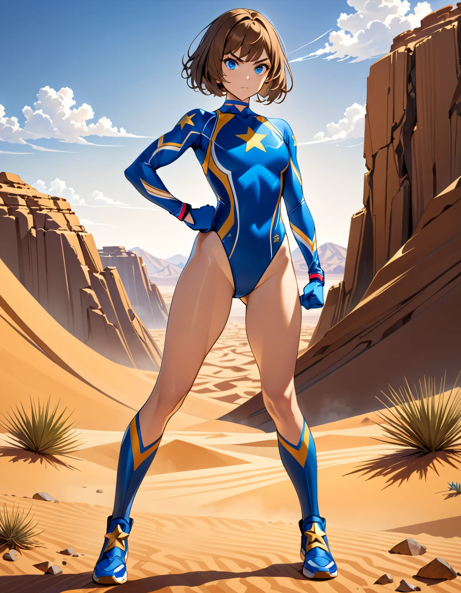 1girl, superhero, blue choker, blue eyes, blue footwear, blue gloves, boots, leotard, midriff, long sleeves, medium breasts, brown hair, knee boots, short hair, bob hair, solo, standing, determined, desert backdrop, sandstorm, college-age female