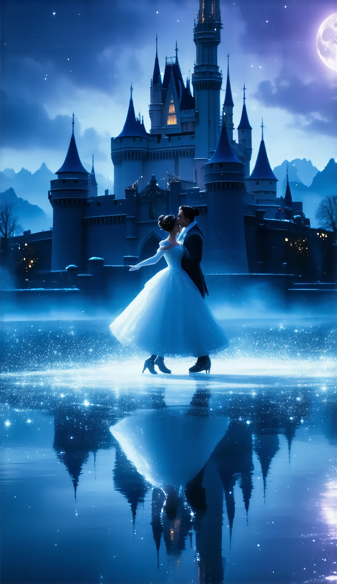 (8k, Highest quality, masterpiece)，Double Exposure, (silhouette:1.5), ice skating, disney movie beauty and the beast scene, (, A tranquil frozen lake, the beauty lady and the beast are ice dancing,, ), The wind blows the dress and the skirt spreads out., Moonlit Night, Cinderella Castle, Outdoor, Shooting stars, twinkling starry sky, sparkling ice crystals, many snowflakes