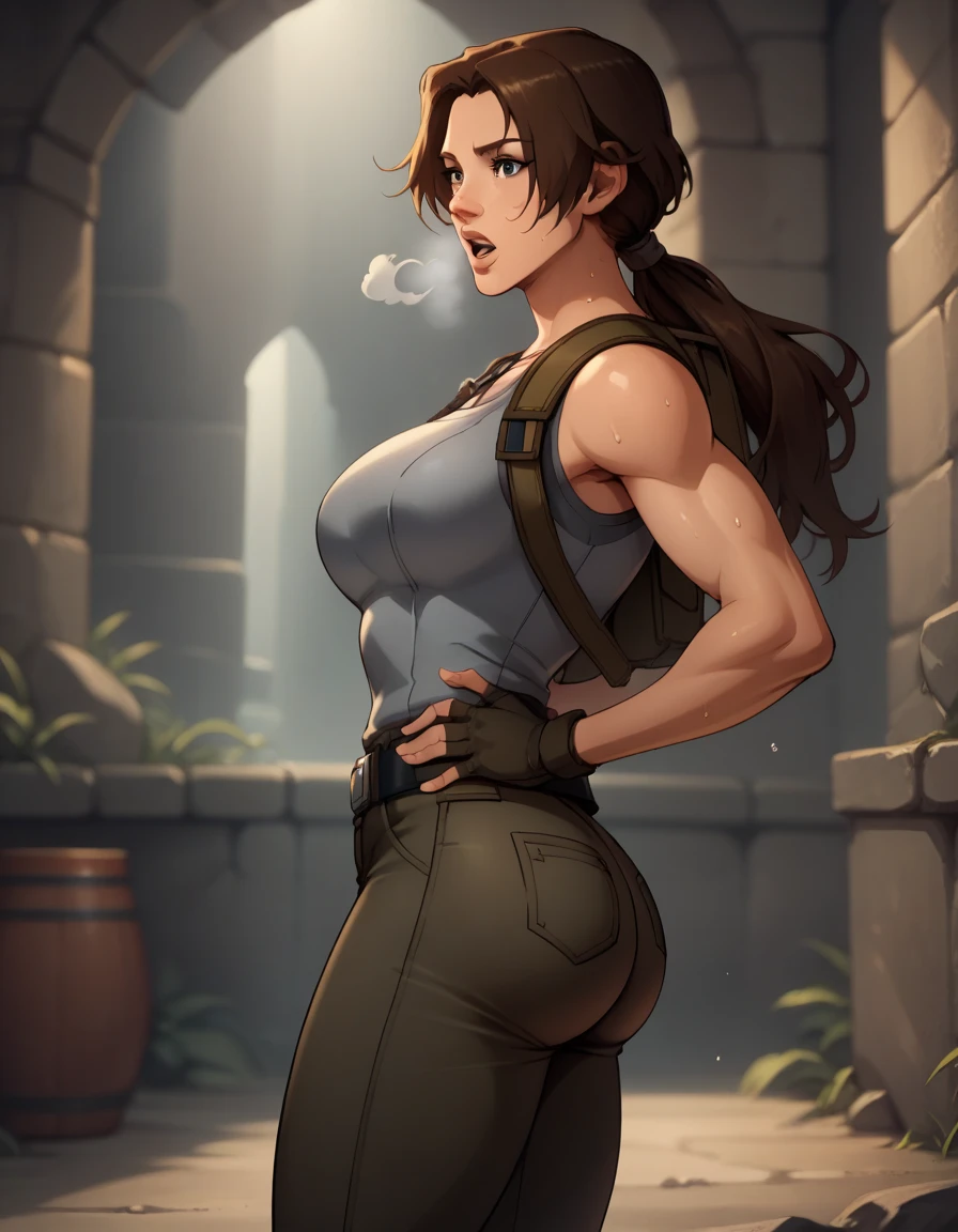 score_9, score_8_up, score_7_up,score_6_up, score_5_up, score_4_up ,
1girl, solo,
large breasts,
LaraDG,
long hair, ponytail, brown hair, brown eyes, 
fingerless gloves, boots, belt, pants, tank top, grey shirt, out of breath, sweaty, hands on hips, open mouth, sexy
looking forward, hot, side view, bubble butt, big ass, sexy ass
 