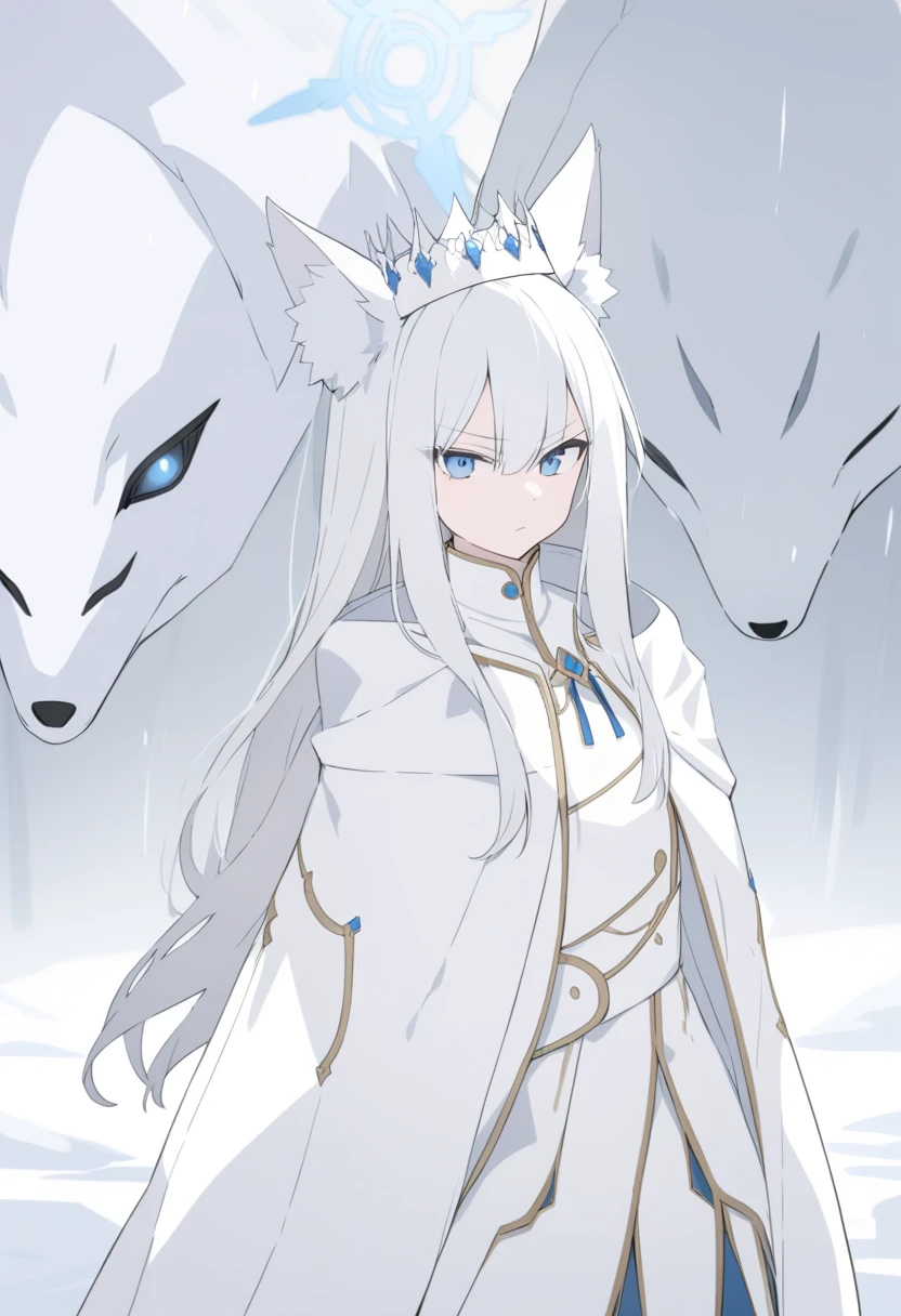 girl，  Long Silver Hair ,  white crown ， blue eyes , white cloak ，white noble costume ，There are two wolves around ,  standing in the snow ， serious expression ,   blue halo， gray wolf ears， White gloves