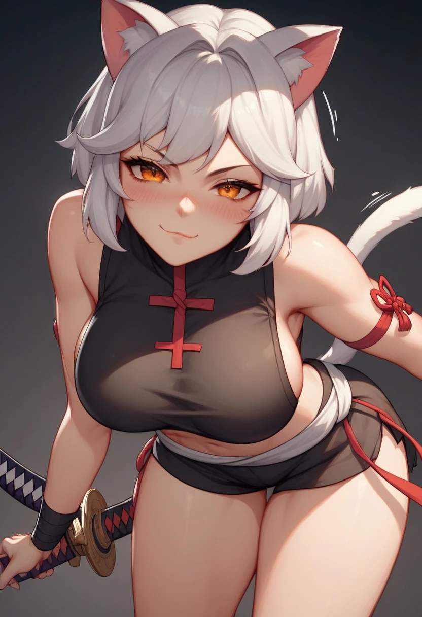 1 girl, alone, white hair, double ponytail, cat ears, blush, open mouth, navel, nipple, Update, (kneeling: 1.3), , (chaili), boundary, (Hand: 1.4), rope, Bind weapons,masterpiece