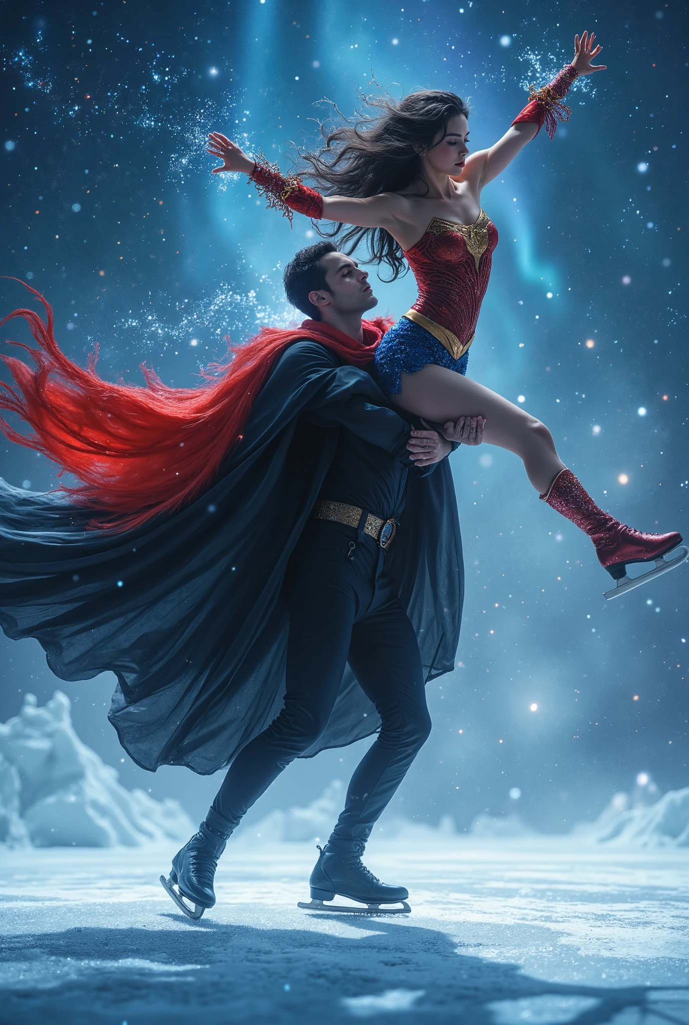 Fantastic ice dancing scene. Costumed ice dancing. Men are dressed as perfect bad men with black capes. Woman in perfect Superwoman costume with red cape. Skate shoes. Man is carrying a woman, skating gracefully on the ice. The woman jumps onto the man's shoulders, arms outstretched backwards in a decisive pose; shoulder ride; she is skating around a curve, her body is leaning. In the background, the sky is starry with sparkling snowflakes and a fantastic aurora borealis; ethereal lights float around them and their dance is like a surreal dream.