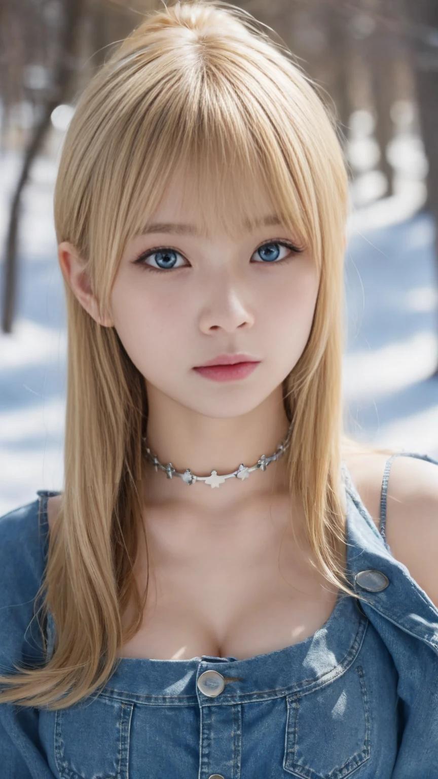  beautiful cute face,  beautiful blonde hair ,  cowboy shot ,  long bangs,  hair between eyes, Round face,  Details Eyes ,  detailed face , Big Breasts,  clevis on a stone,  choker , miniskirt, Snow Forest,  knitted sweater, jeans