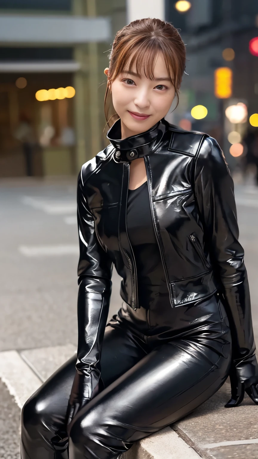 ( glossy black leather riders jacket:1.2), Office in the Dark, Black leather gloved fingertips on both hands,Wearing black leather gloves,Sitting in a black leather chair、 Japanese female new recruits (Black leather gloves cover both hands:1.4) (The angle is in front )、Black Leather Pants,Black Leather Black Leather Pants, black leather skinny pants 、(very tight fit:1.4).   Black long leather boots on both feet、 Dark Haired Ponytails ((She wears black leather gloves on her hands:1.4))(Full Body Photo:1.3), full body shot full body full body leather suit ,☺(Long boots plus leather pants boots in :1.5)、Full body shot from head to toe、very tight fit. Wearing black leather gloves,Wearing black leather gloves,Wearing black leather gloves,Wearing black leather gloves,Wearing black leather gloves,Wearing black leather gloves,黒のレザーパンツが美しい😍黒のレザーパンツが美しい😍黒のレザーパンツが美しい,😍こちらを見ながら笑faceで微笑んでる,City lights、(Cyberpunk City Street:1.3))、 detailed lighting、

 best image quality、 super high resolution 、( realism:1.4)、Korean Beauty Star、The most beautiful KPOP stars、face、Horny Korean Makeup、A body that makes you want to touch it、Realistic leather texture、Costume made of smooth leather fabric、The drape of the curved parts of the leather fabric、The costume is very shiny、Quality of the costume、8K Photo Quality、(shy Smile:1.4)