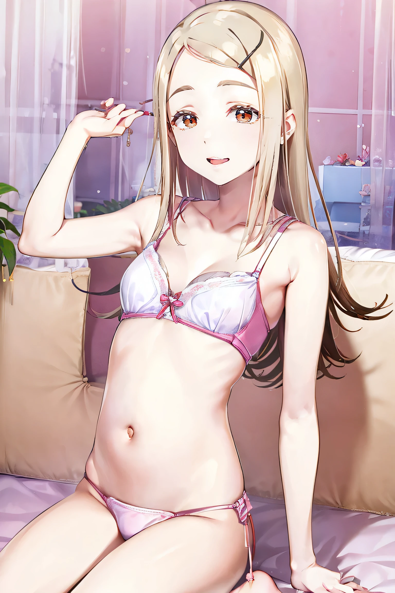(dynamic angle),in the poolside, sitting, pale Light orange Hair, long hair, twintails, hair black ribbon, girl1, upper body, completely nude, (small nipples:1.2), (small areolas:1.2), kawaii, cute, pale purple eyes, (shy), (blush),evil smile,