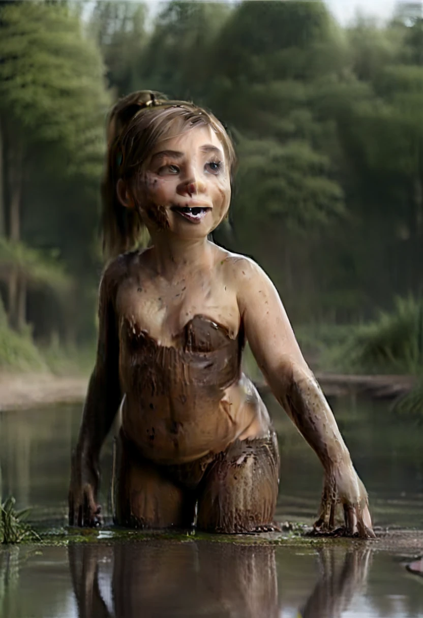 n the spirit of Planet of Apes, a masterpiece, hyper-detailed, a young (20 years old) Nude Woman modeled on Sami Gayle, Nude, with long unkept dirty blonde hair, physically fit body covered in blood, dirt, and mud, perfect face with perfect eyes,  running in terror through a lush temperate forest during the Late Evening hour, soaking wet